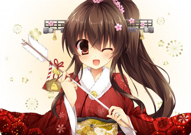 Обои картинки фото аниме, kantai collection, взгляд, девушка, фон