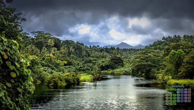 Обои картинки фото календари, природа, гора, 2018, водоем, деревья, растения