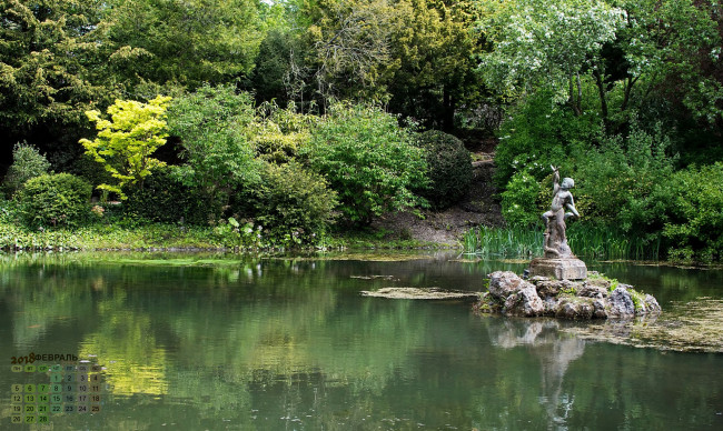 Обои картинки фото календари, природа, скульптура, деревья, водоем, 2018