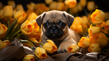 Картинка 3д+графика животные+ animals взгляд цветы поза портрет собака мордашка ии-арт нейросеть