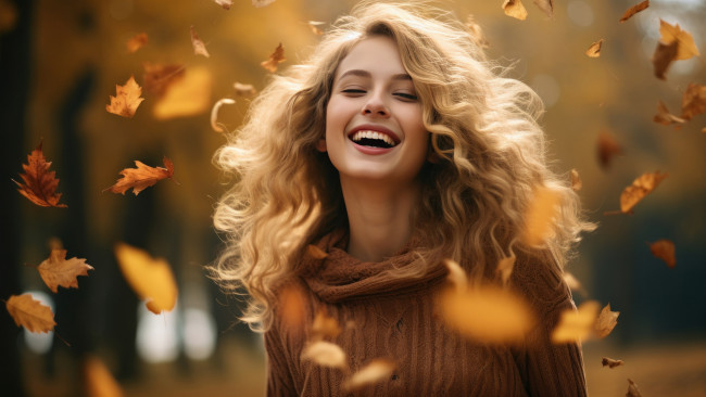 Обои картинки фото 3д графика, люди , people, осень, белый, взгляд, девушка, природа, лицо, улыбка, парк