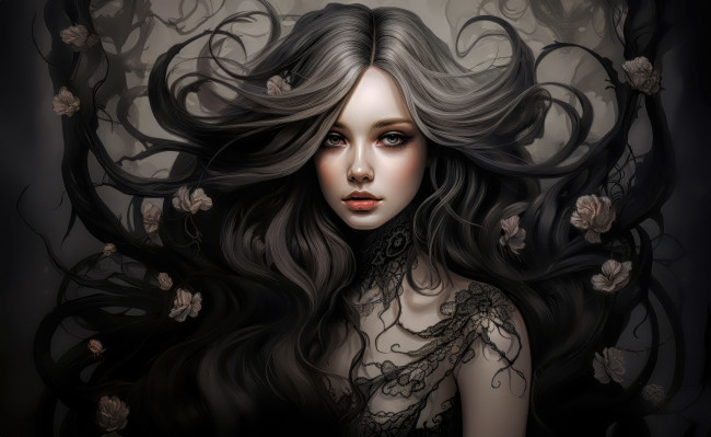 Обои картинки фото фэнтези, девушки, девушка, взгляд, темный, фон, арт