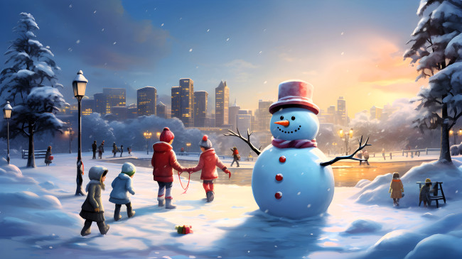 Обои картинки фото рисованное, дети, снеговик, снег, зима, озеро, дома, парк