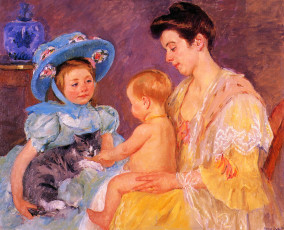 Картинка children playing with cat рисованные mary cassatt девочка шляпка кошка дети игра