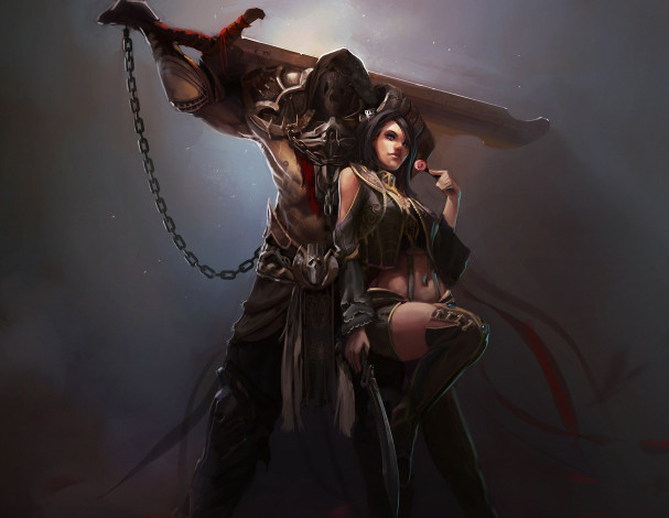 Обои картинки фото фэнтези, люди, меч, цепь, девушка, парень, сапоги, маска
