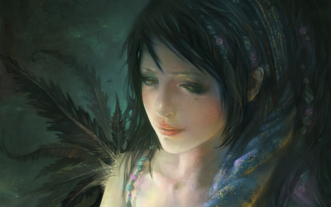 Обои картинки фото фэнтези, существа, перья, девушка