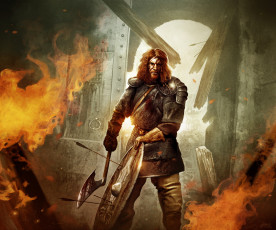 Картинка фэнтези люди огонь ворота разрушенные щит рыцарь топор воин