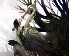 Картинка фэнтези существа лес деревья цапля бабочка