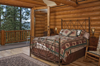 Картинка интерьер спальня дерево кровать