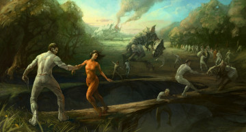 Картинка фэнтези люди схватка монстры авария звездолет чужая планета мир иной