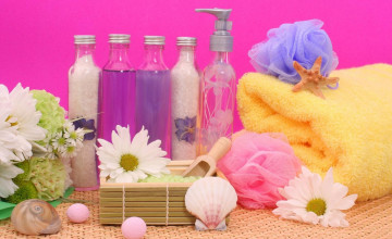 Картинка разное косметика +духи соль полотенце бутылки