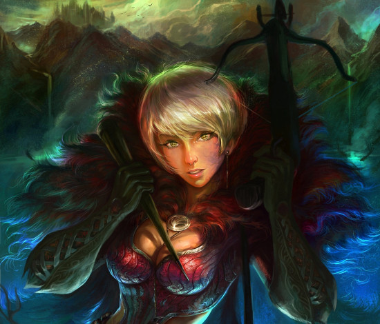 Обои картинки фото фэнтези, девушки, арбалет, кол, охотник, девушка, горы