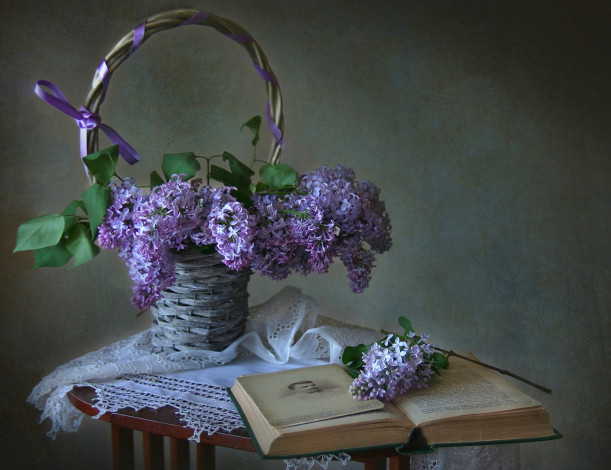 Обои картинки фото цветы, сирень, книга, корзинка