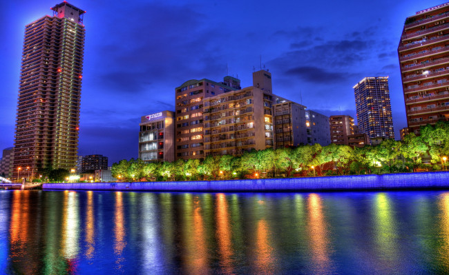 Обои картинки фото osaka, города, - огни ночного города, ночь, Япония, река, дома, огни