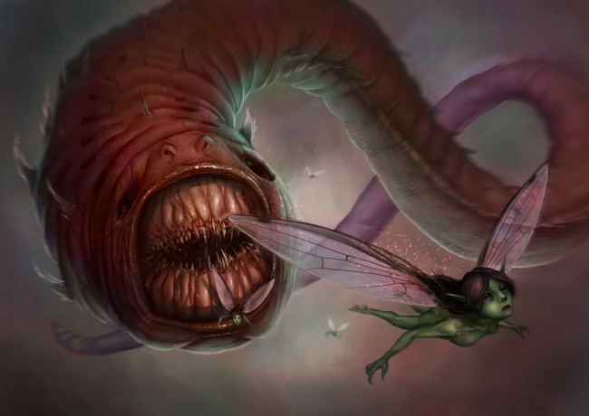 Обои картинки фото фэнтези, существа, погоня, чудовище, монстр, феи