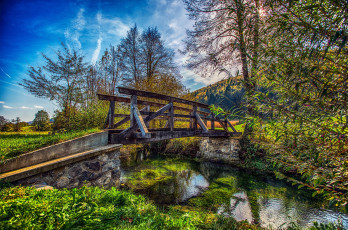 Картинка природа реки озера мостик растительность речка