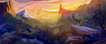 Картинка рисованное природа деревья горы пейзаж облака козел