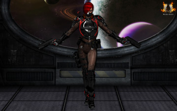 Картинка 3д+графика фантазия+ fantasy космос взгляд девушка оружие фон планета