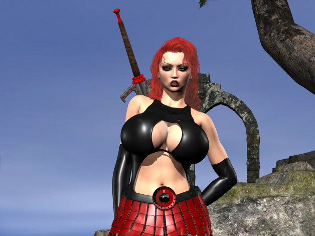 Обои картинки фото 3д графика, амазонки , amazon, фон, взгляд, девушка, оружие, рыжая