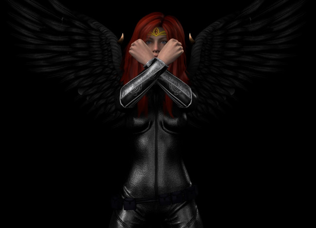 Обои картинки фото 3д графика, существа , creatures, демон, крылья, рыжая, взгляд, фон, девушка