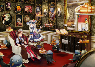 Картинка автор +tomoyami аниме животные +существа арт девочки комната пингвины картины