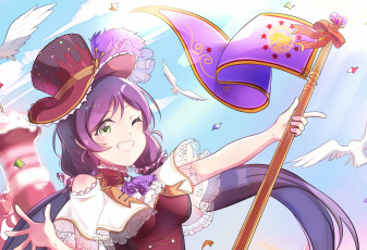 Картинка аниме love+live +school+idol+project взгляд девушка птицы флаг фон