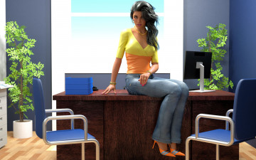 Картинка 3д+графика люди+ people окно стол фон интерьер взгляд девушка