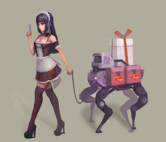 Обои картинки фото автор,  goldengear870, аниме, оружие,  техника,  технологии, фон, девушка, горничная