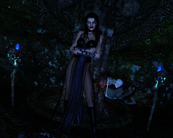 Обои картинки фото 3д графика, существа , creatures, девушка, взгляд, фон, скелеты, вампир