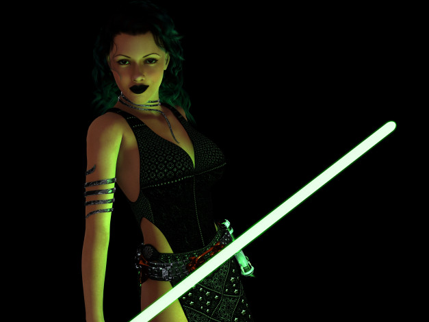 Обои картинки фото 3д графика, фантазия , fantasy, оружие, фон, девушка, взгляд