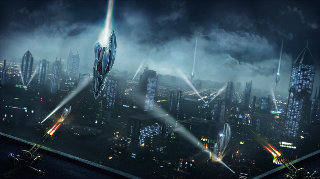 Обои картинки фото фэнтези, иные миры,  иные времена, стрельба, инопланетное, мир, вторжение, иной