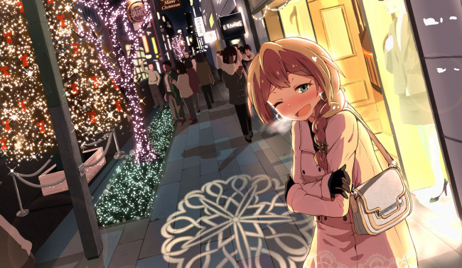 Обои картинки фото автор,  fubuki , pekesan, аниме, idolm@ster, idolmaster, million, live, baba, konomi, девочка, люди, ночь, город, деревья, огни