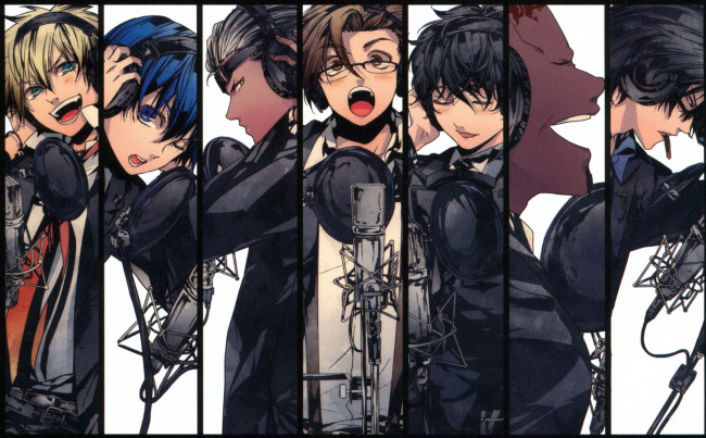 Обои картинки фото аниме, arcana famiglia, la, storia, della, arcana, famiglia, liberta, nova, debito, pace, luka, dante, jolly, история, семьи, аркана, микрофоны, наушники, очки, сигара, улыбки