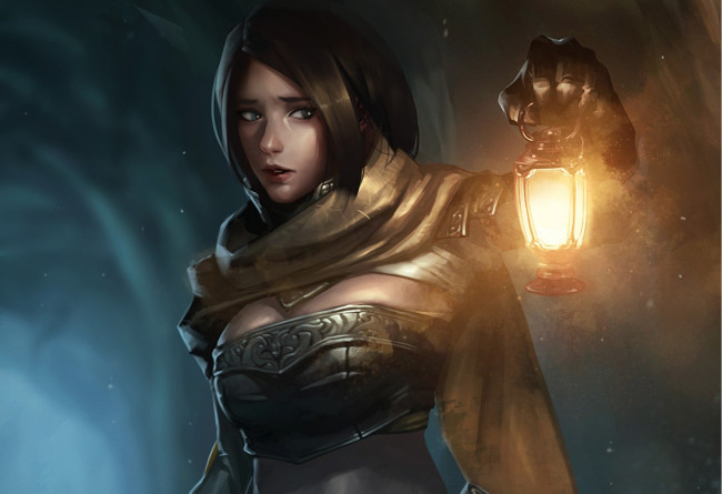 Обои картинки фото фэнтези, девушки, лицо, взгляд, девушка, арт, свет, фонарь