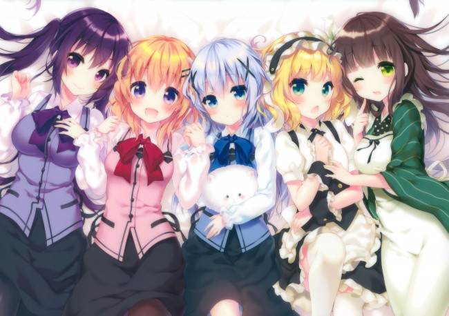 Обои картинки фото аниме, gochuumon wa usagi desu ka, tippy, riichu, ujimatsu, chiya, gochuumon, wa, usagi, desu, ka, kafuu, chino, hoto, kokoa, tedeza, rize, kirima, sharo
