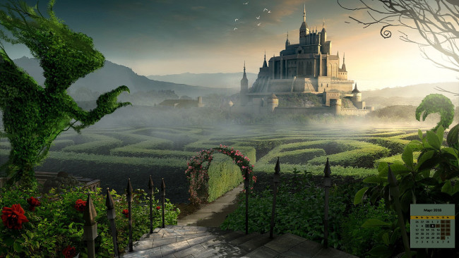 Обои картинки фото календари, фэнтези, растения, лабиринт, замок, 2018