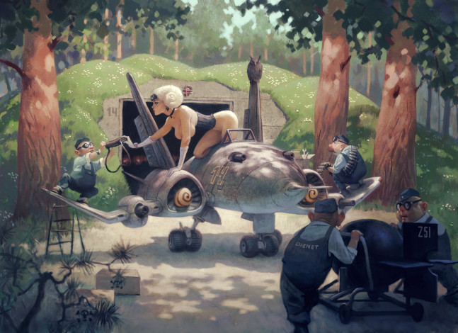 Обои картинки фото фэнтези, люди, девушка, мужчины, самолет