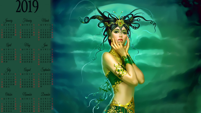 Обои картинки фото календари, фэнтези, девушка, луна
