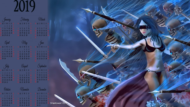 Обои картинки фото календари, фэнтези, оружие, скелет, девушка