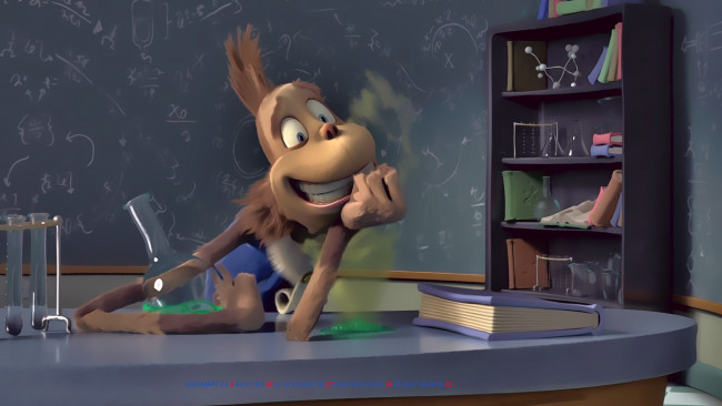 Обои картинки фото календари, кино,  мультфильмы, колба, обезьяна, шкаф, книга