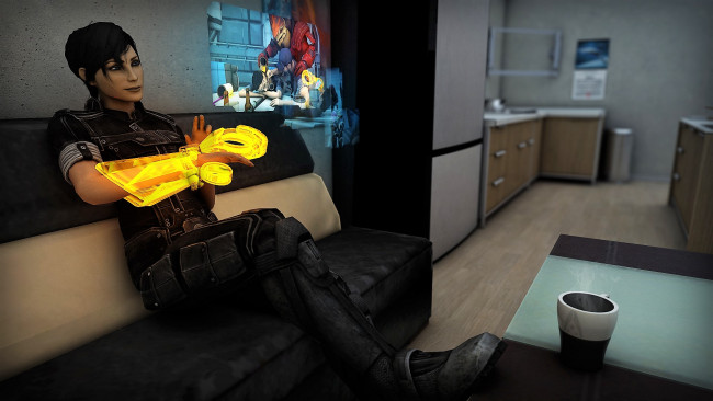 Обои картинки фото видео игры, mass effect 3, комната, диван, девушка, видео