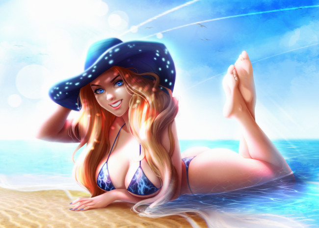Обои картинки фото рисованное, люди, девушка, фон, взгляд, улыбка, море