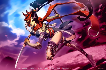 обоя календари, аниме, 2020, calendar, воительница, оружие, маска, девушка