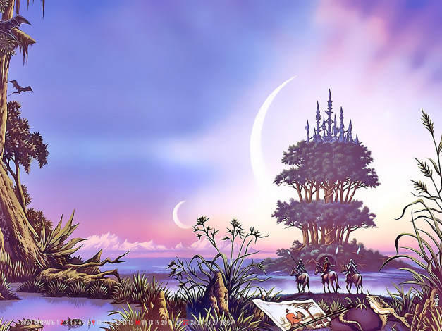 Обои картинки фото календари, фэнтези, водоем, 2020, calendar, конь, лошадь, всадник, растение, остров, природа