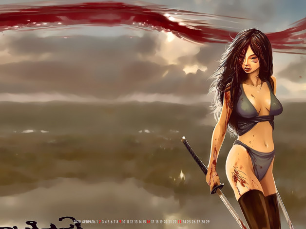 Обои картинки фото календари, фэнтези, calendar, женщина, кровь, девушка, 2020, оружие