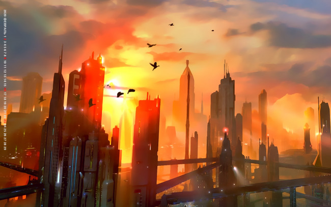 Обои картинки фото календари, фэнтези, 2020, calendar, архитектура, здание, небоскреб, закат, город