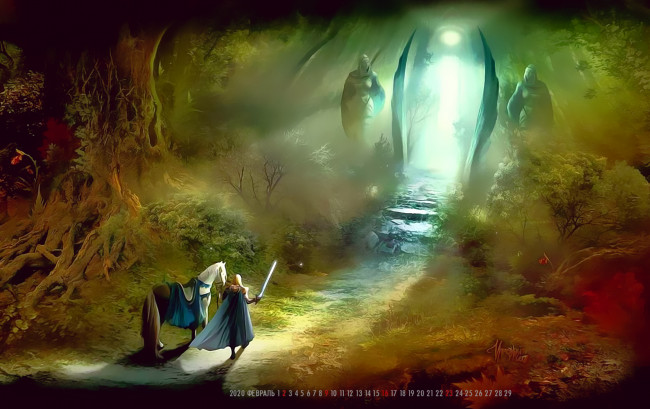 Обои картинки фото календари, фэнтези, конь, человек, 2020, ворота, растение, calendar, лошадь, воин
