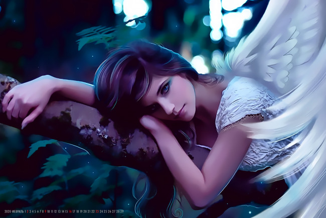 Обои картинки фото календари, фэнтези, крылья, ангел, девушка, взгляд, ствол, calendar, 2020