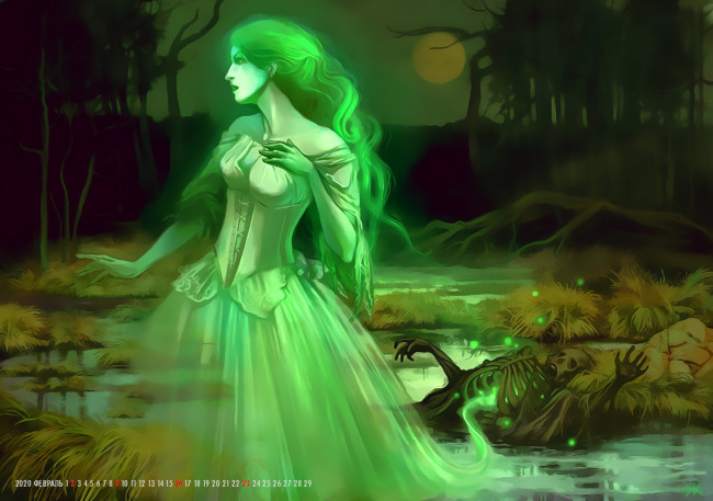Обои картинки фото календари, фэнтези, скелет, привидение, девушка, болото, природа, calendar, 2020