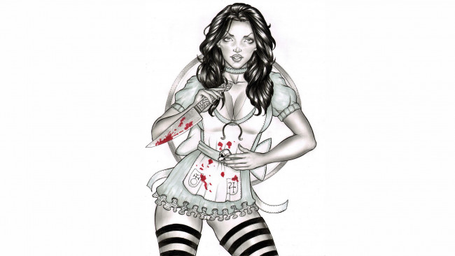 Обои картинки фото рисованное, комиксы, скетч, девушка, фон, взгляд, нож